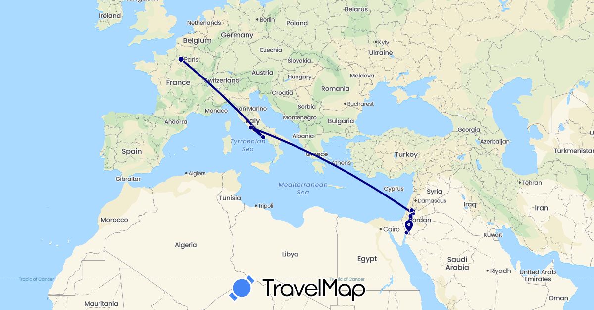 TravelMap itinerary: driving in France, Italy, Jordan (Asia, Europe)